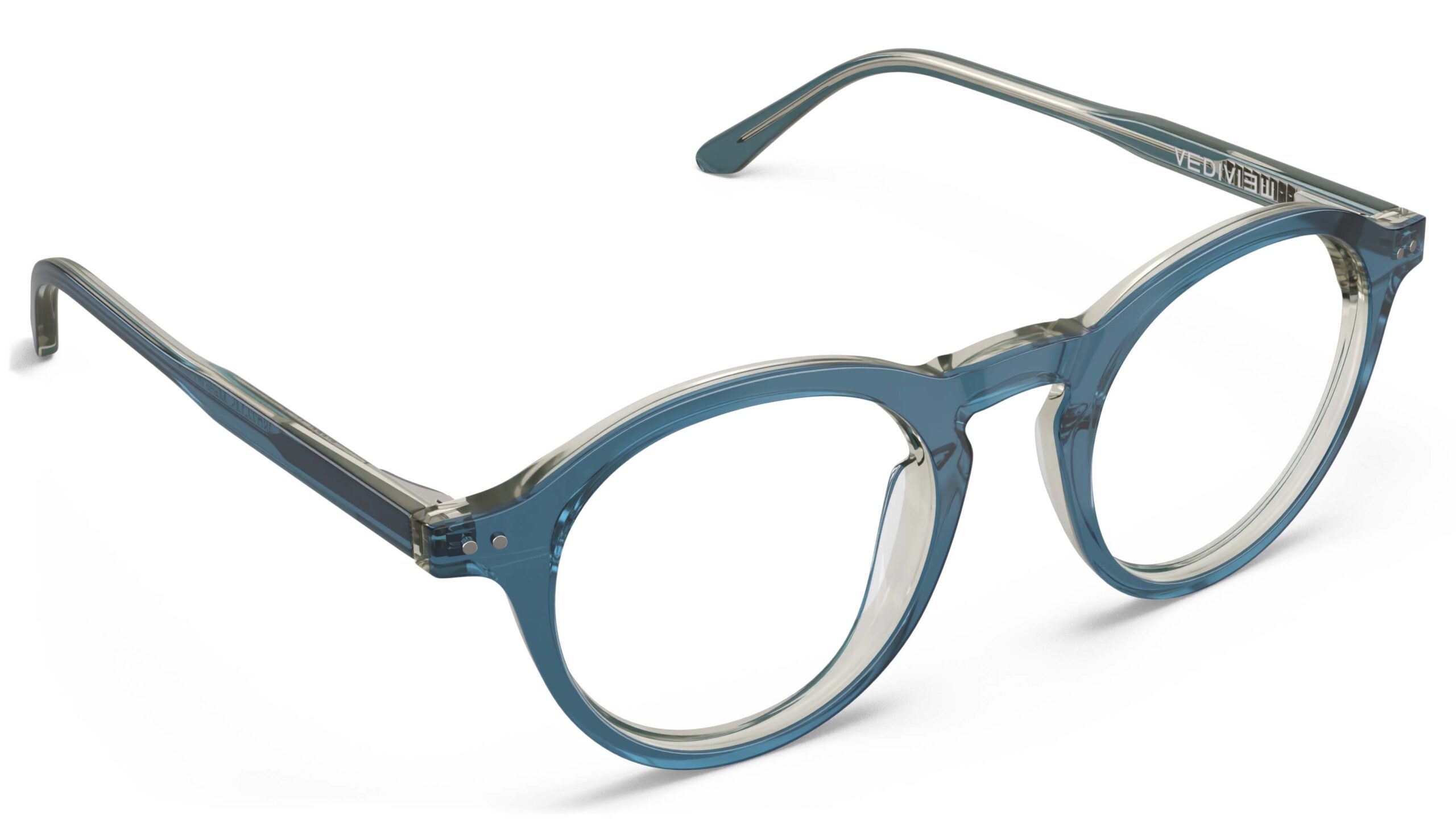Angled view of Breuer blue round eyeglasses from Vediview