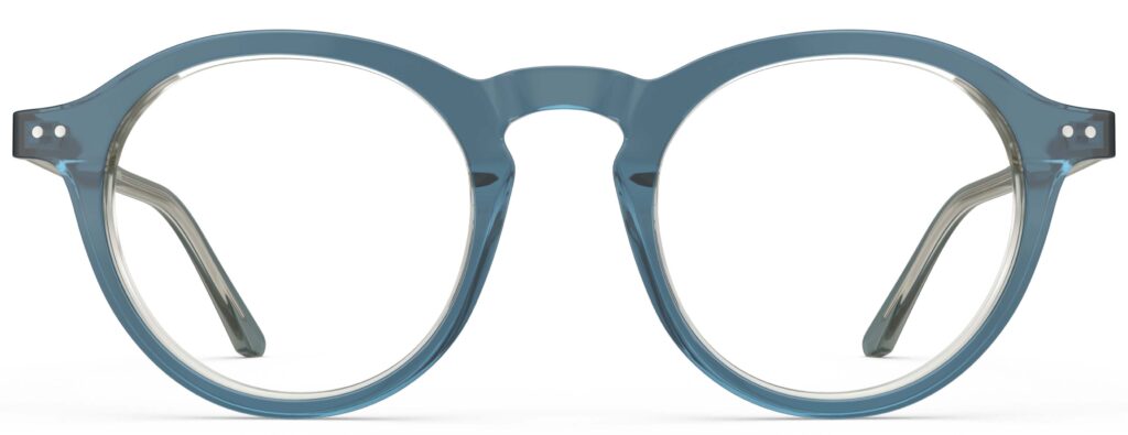 Front view of Breuer blue round eyeglasses from Vediview