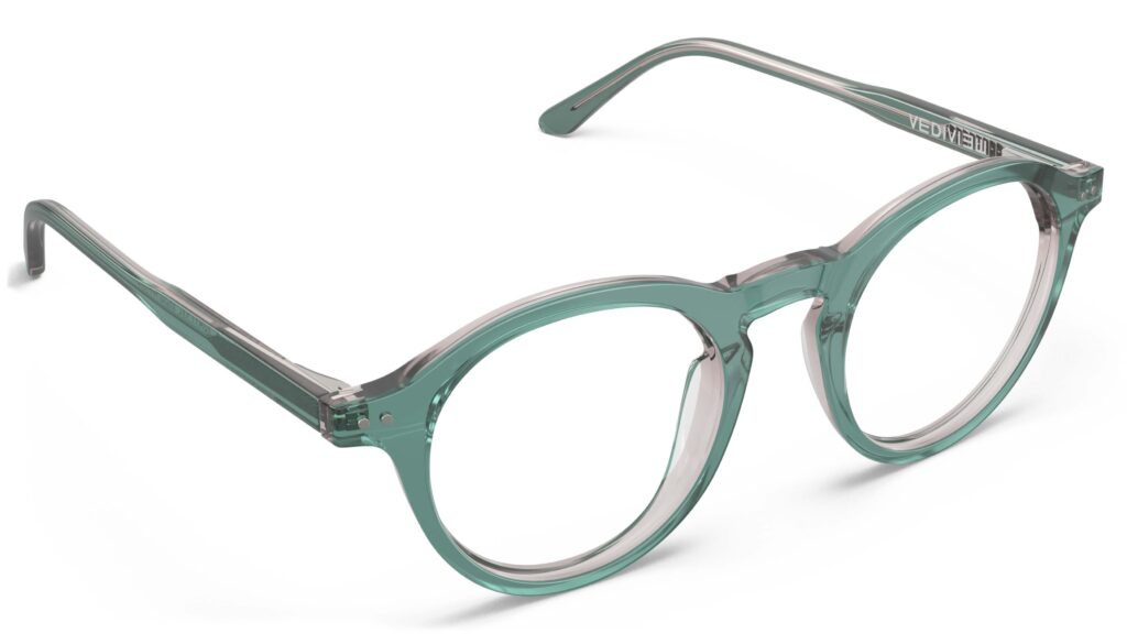 Angled view of Breuer cyan round eyeglasses from Vediview