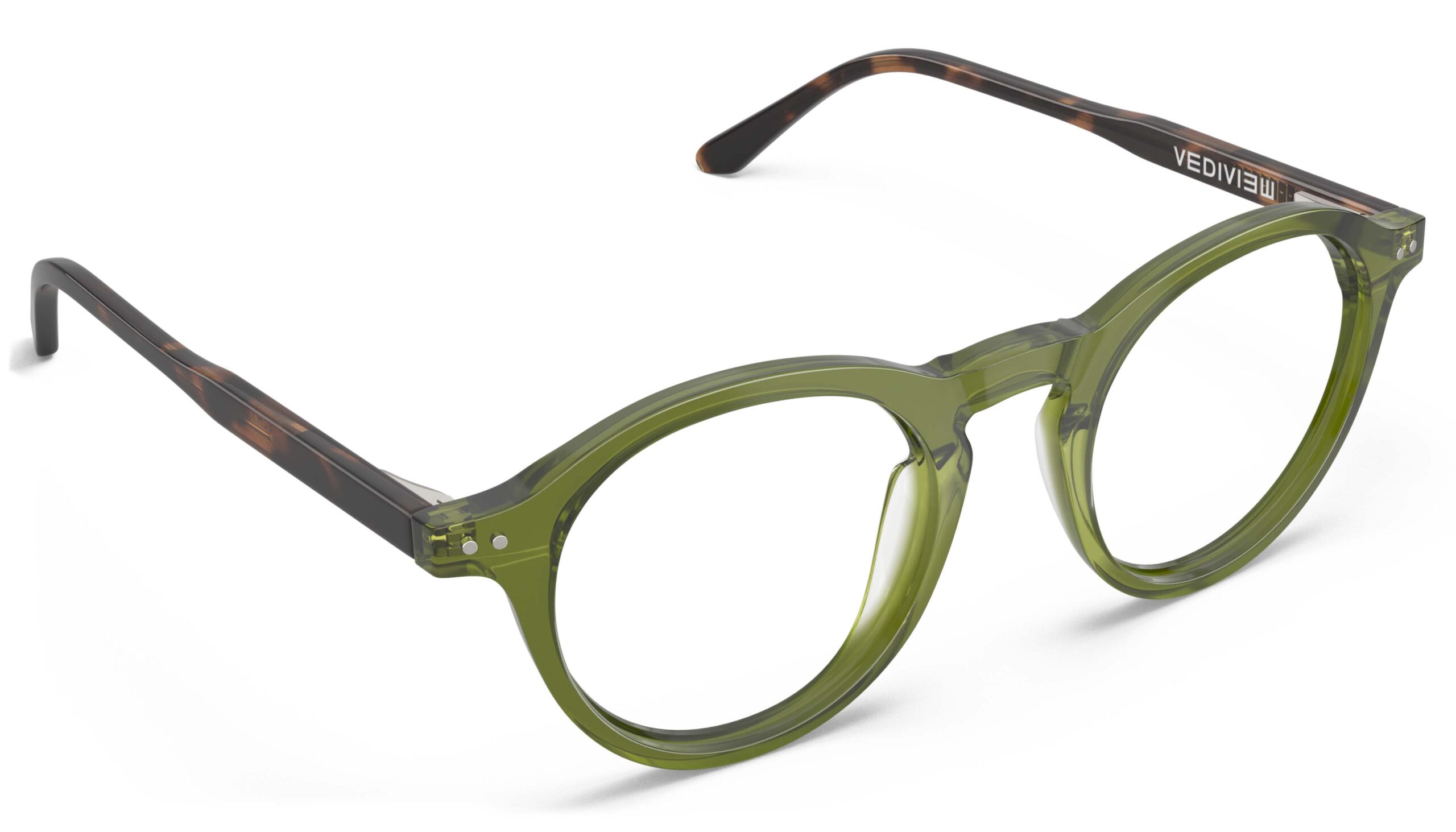 Angled view of Breuer green-tortoise round eyeglasses from Vediview
