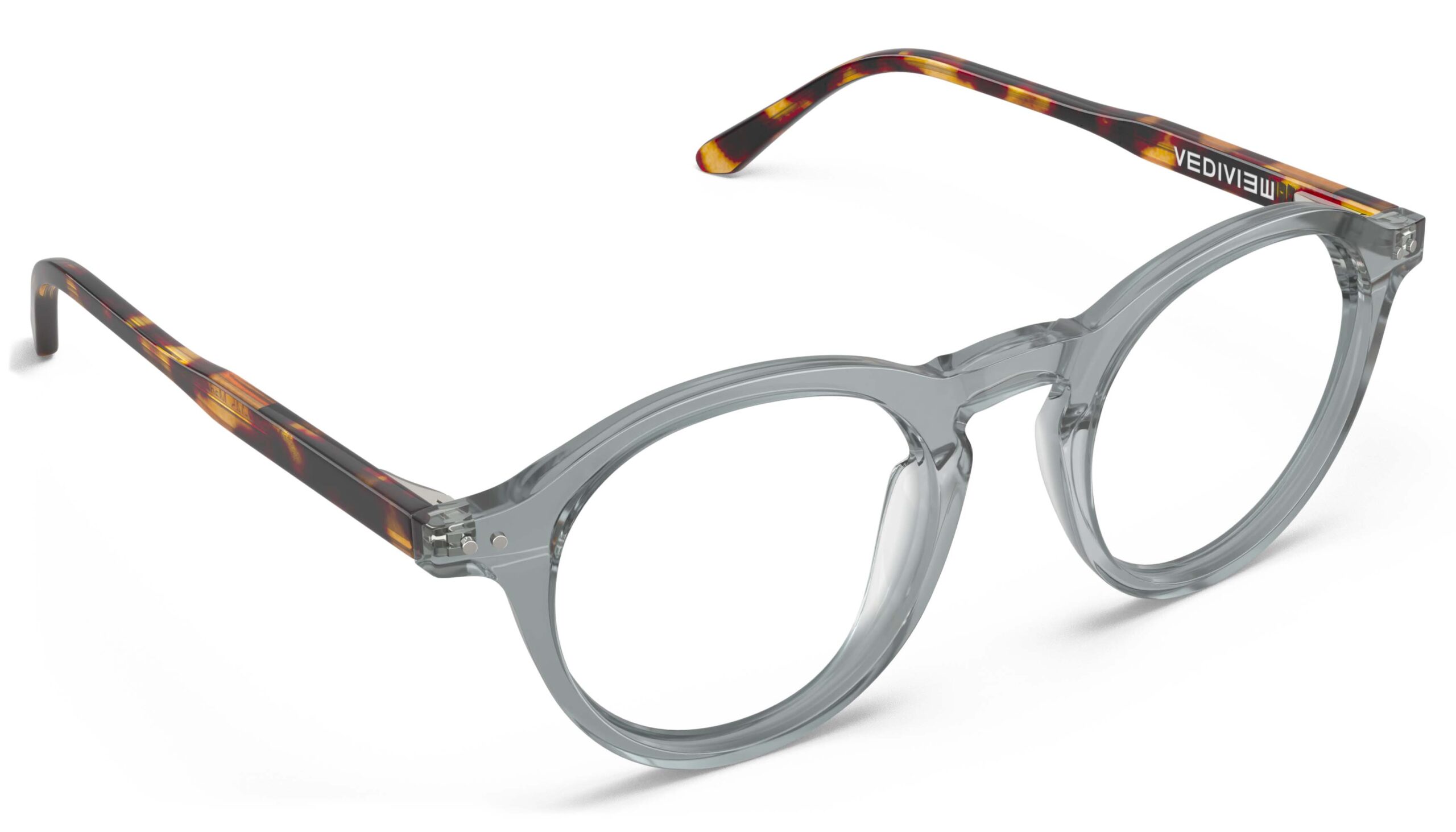 Angled view of Breuer grey-tortoise round eyeglasses from Vediview