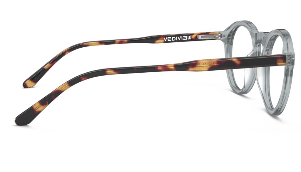Side view of Breuer grey-tortoise round eyeglasses from Vediview