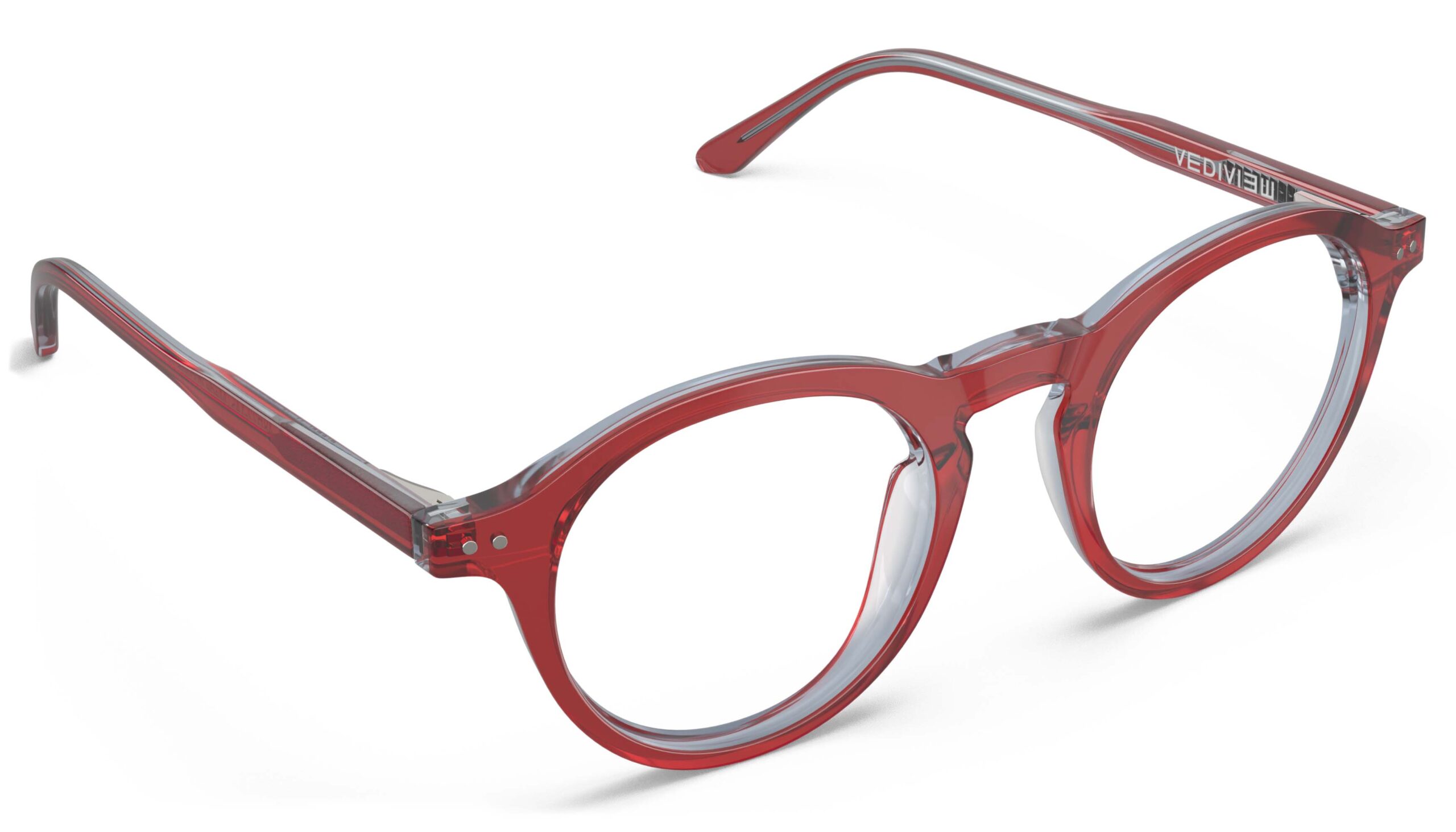 Angled view of Breuer red round eyeglasses from Vediview