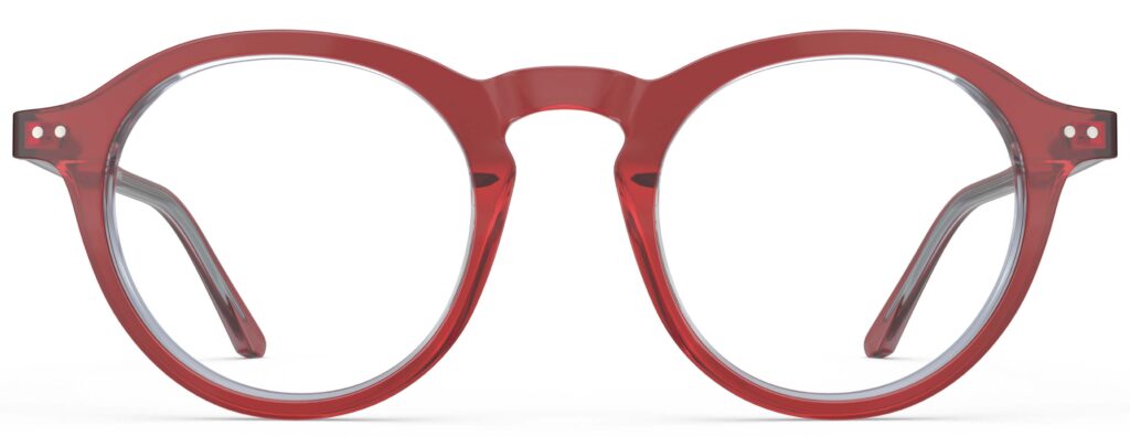 Front view of Breuer red round eyeglasses from Vediview