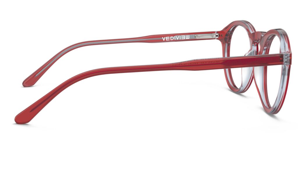 Side view of Breuer red round eyeglasses from Vediview