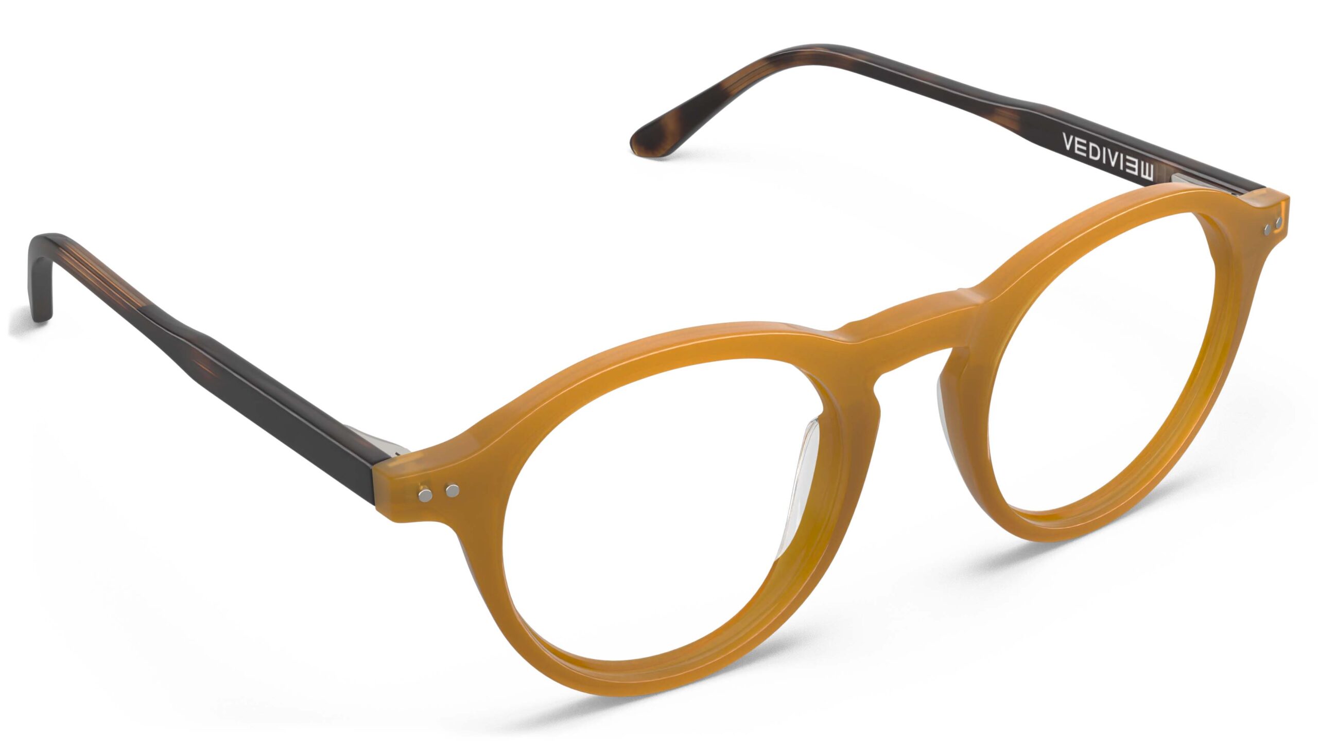 Angled view of Breuer yellow-tortoise round eyeglasses from Vediview