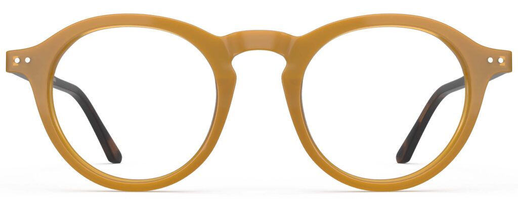 Front view of Breuer yellow-tortoise round eyeglasses from Vediview
