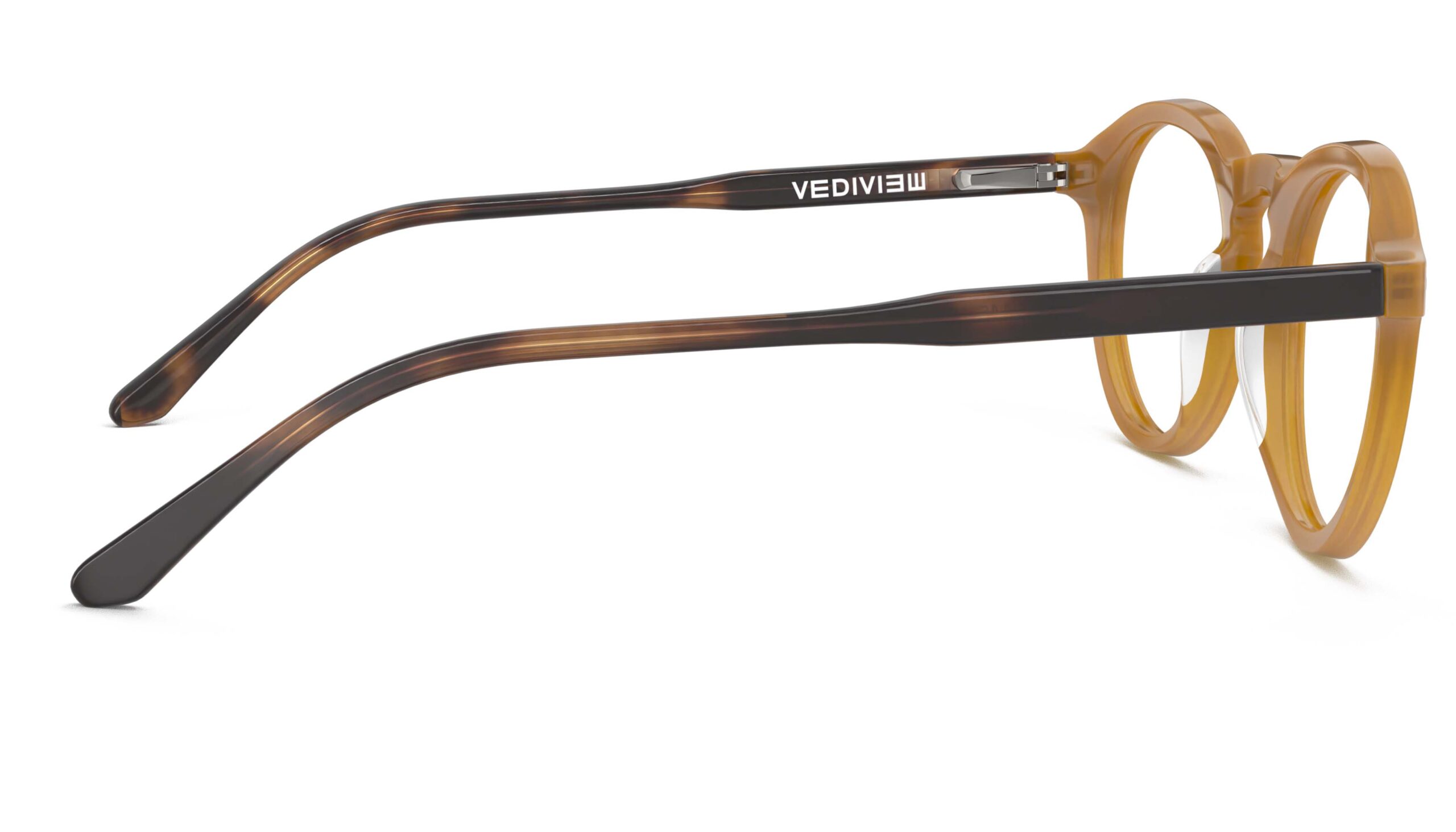 Side view of Breuer yellow-tortoise round eyeglasses from Vediview