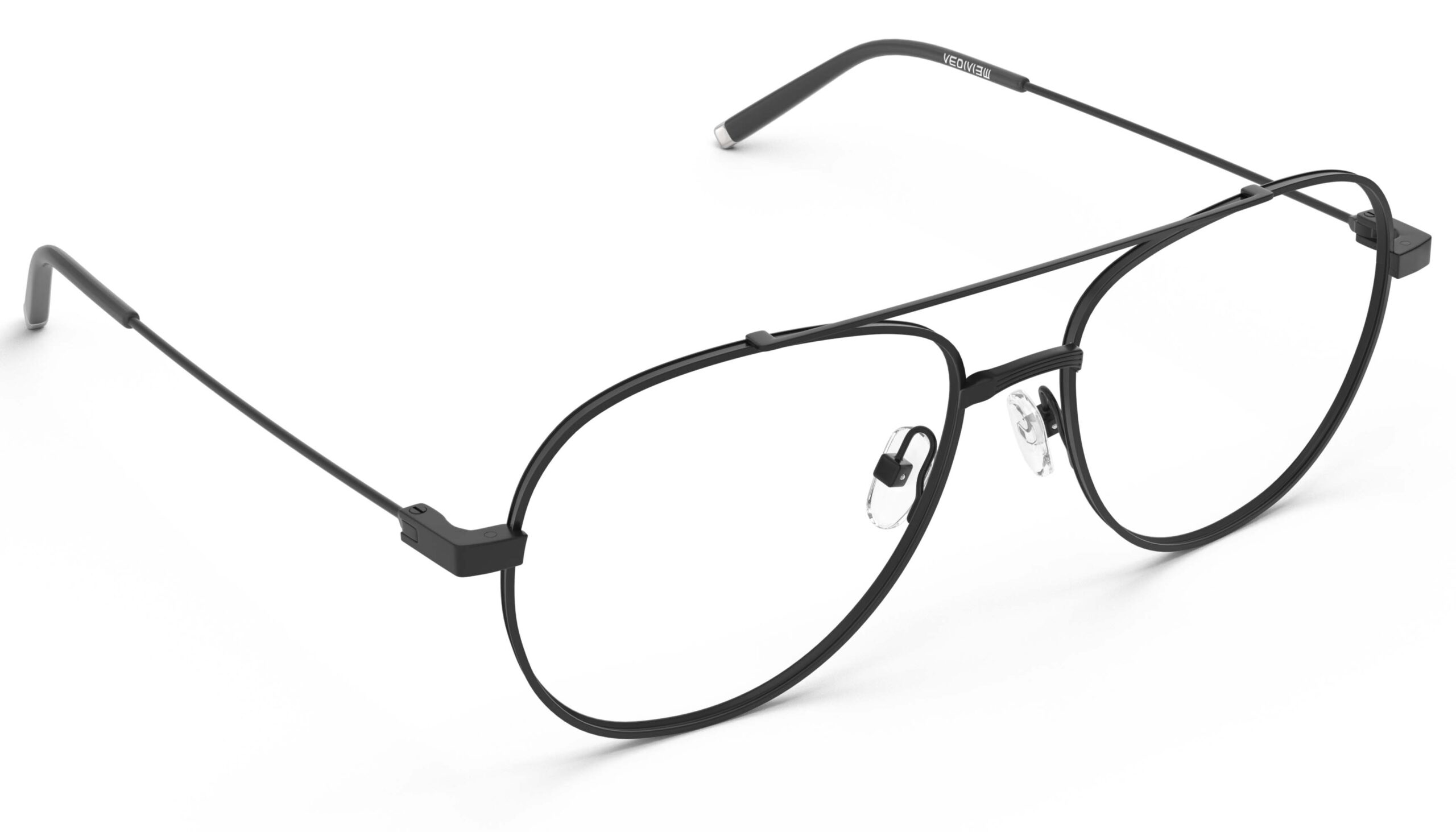 Angled view of Dali black aviator eyeglasses from Vediview