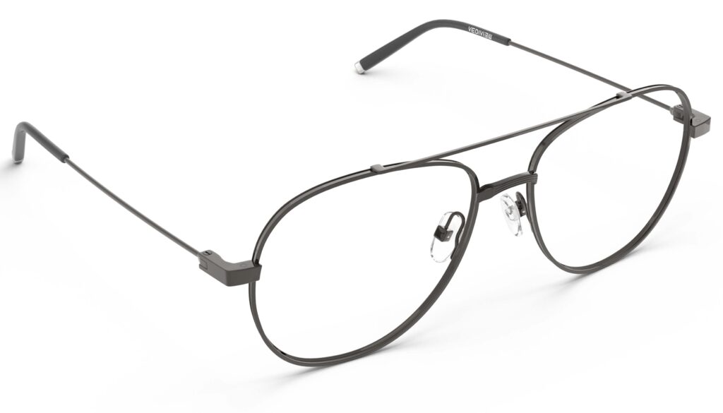 Angled view of Dali gunmetal aviator eyeglasses from Vediview