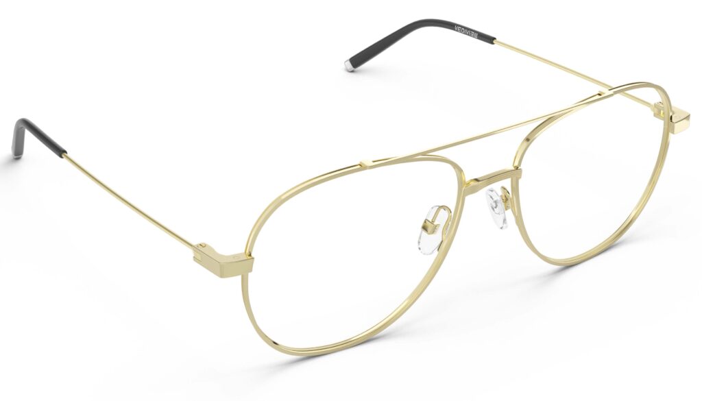Angled view of Dali gold aviator eyeglasses from Vediview