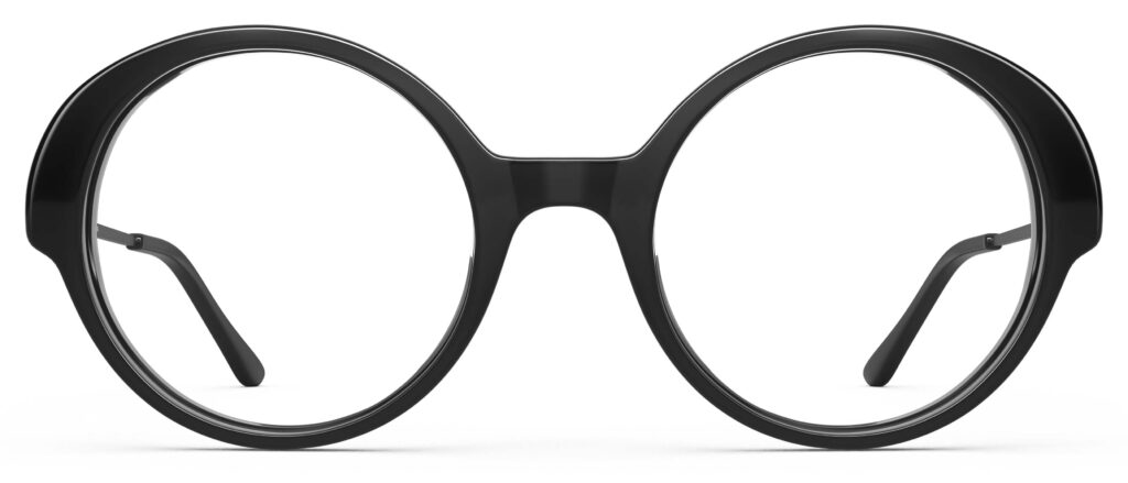 Front view of Miyake black round eyeglasses from Vediview