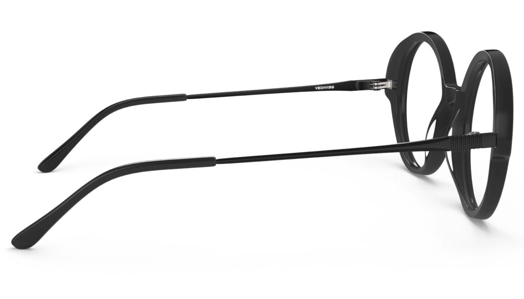 Side view of Miyake black round eyeglasses from Vediview