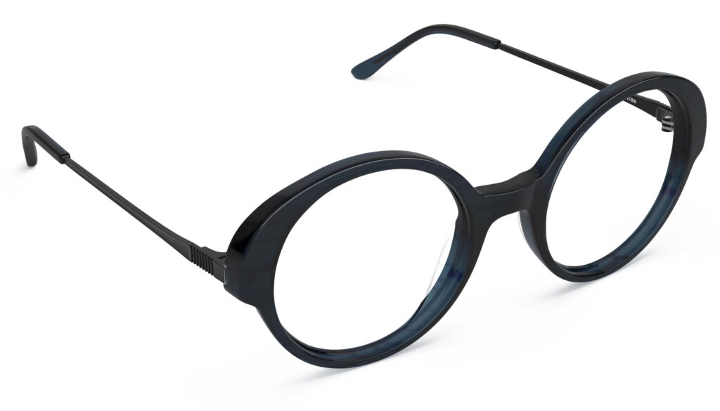 Angled view of Miyake dark blue round eyeglasses from Vediview