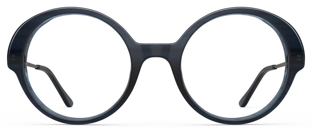 Front view of Miyake dark blue round eyeglasses from Vediview