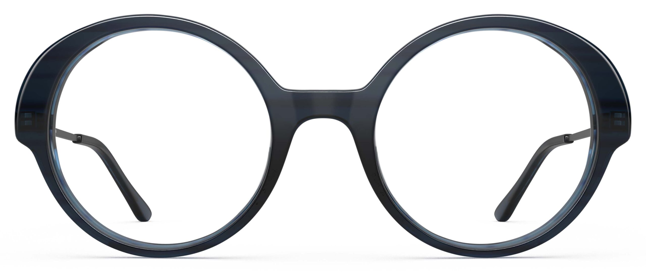 Front view of Miyake dark blue round eyeglasses from Vediview