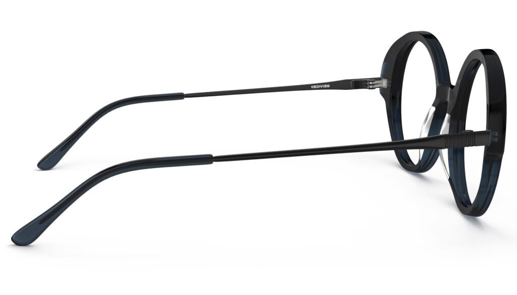 Side view of Miyake dark blue round eyeglasses from Vediview