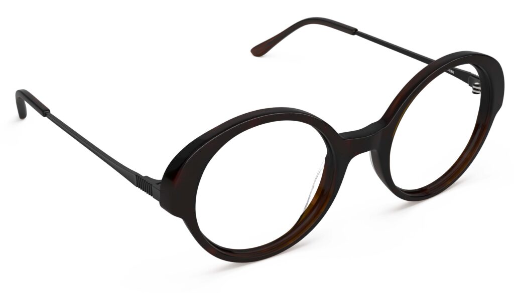 Angled view of Miyake tortoiseshell round eyeglasses from Vediview