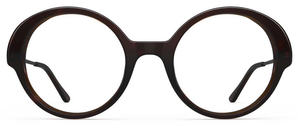 Front view of Miyake tortoiseshell round eyeglasses from Vediview