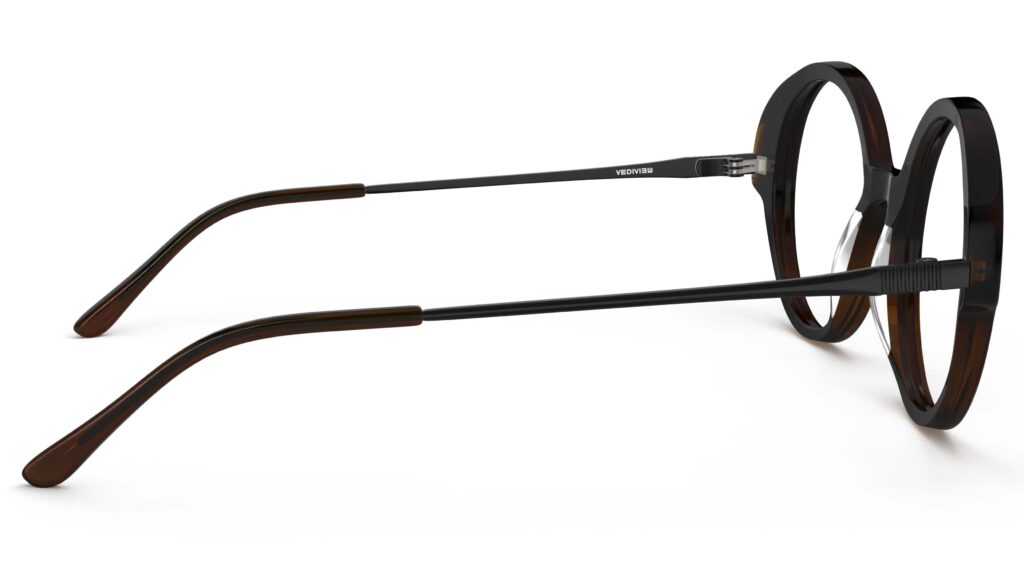 Side view of Miyake tortoiseshell round eyeglasses from Vediview