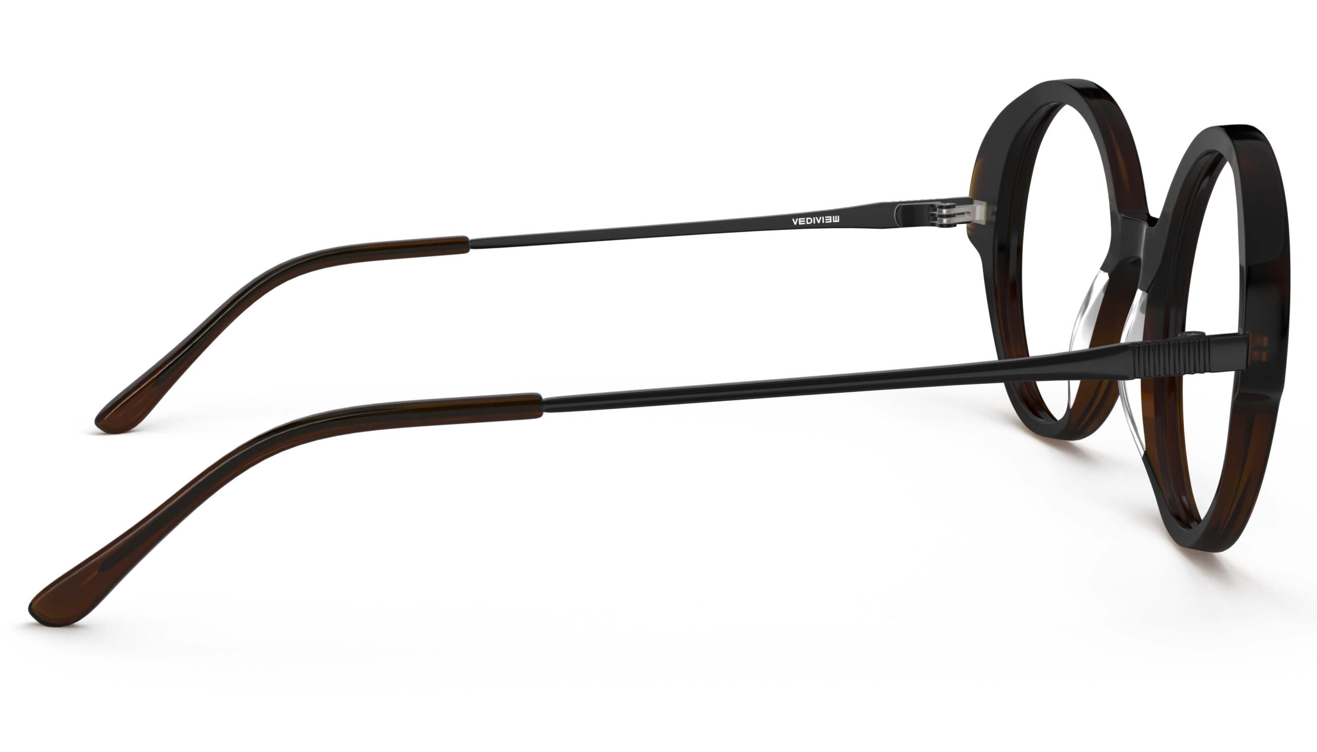 Side view of Miyake tortoiseshell round eyeglasses from Vediview
