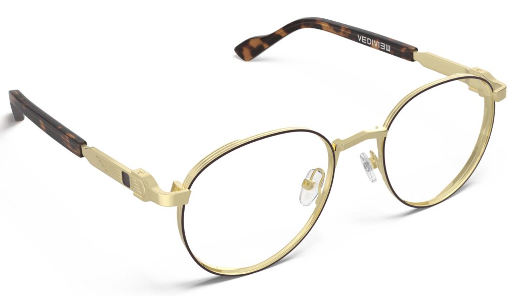 Angled view of Morse gold-tortoise round eyeglasses from Vediview