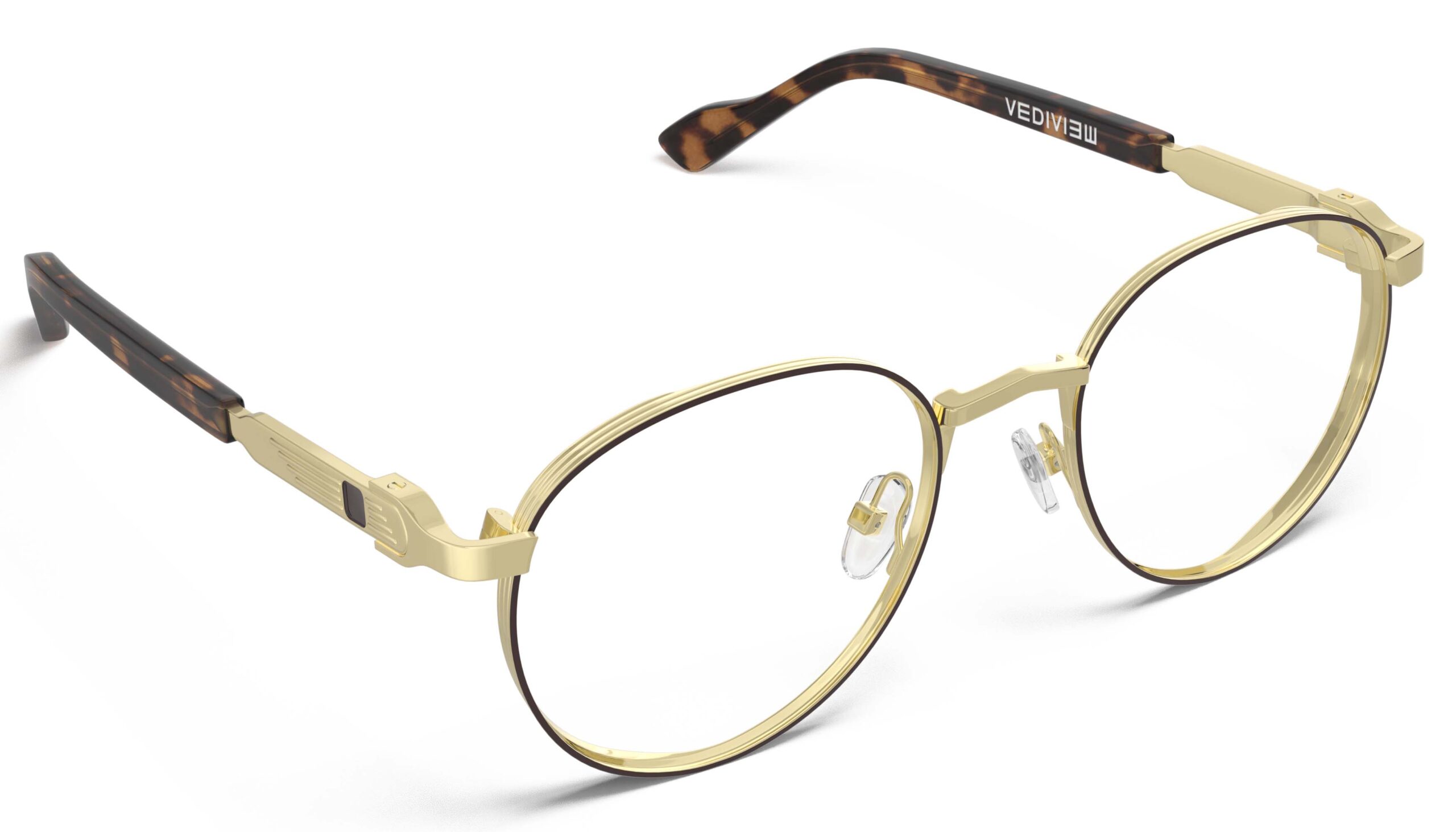 Angled view of Morse gold-tortoise round eyeglasses from Vediview