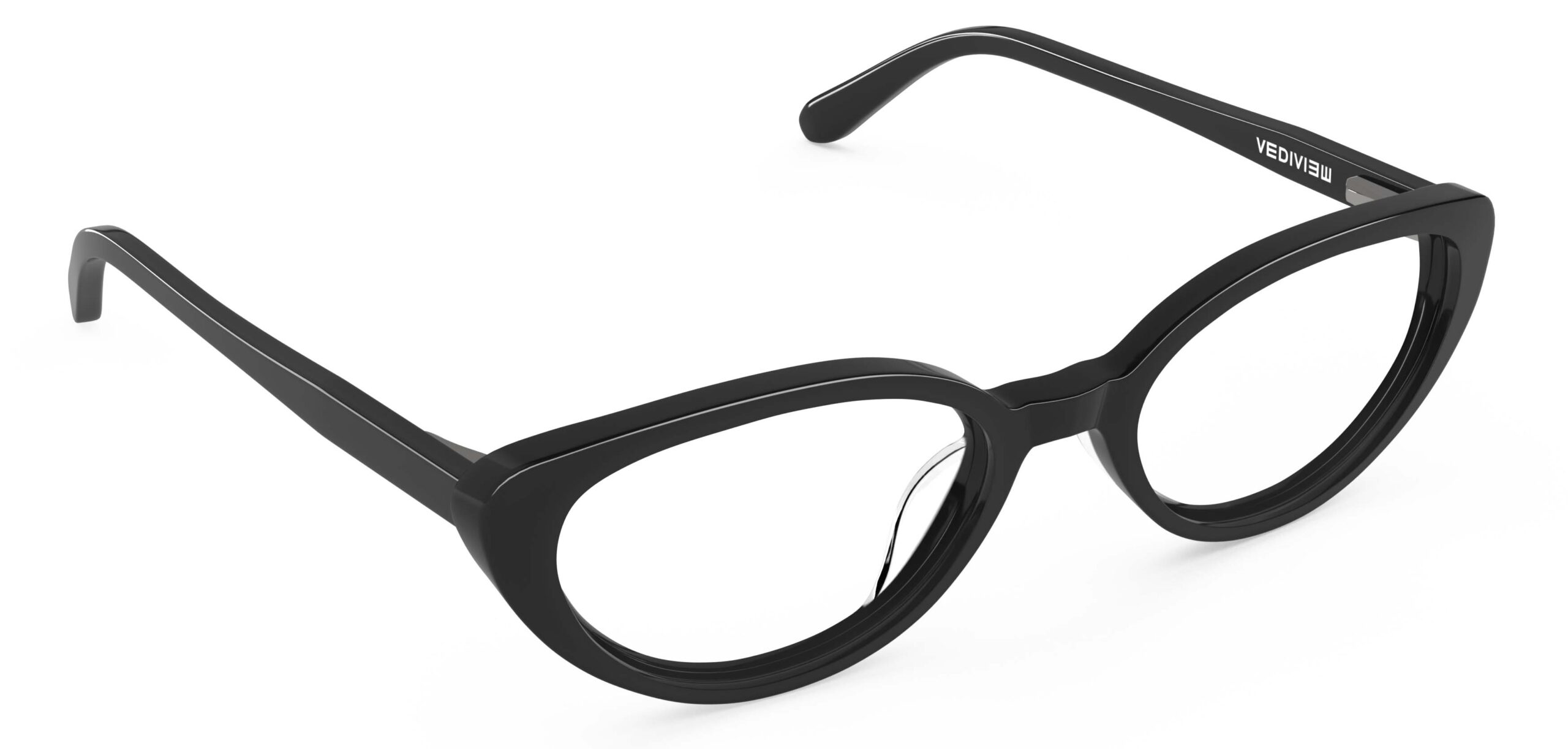 Angled view of Murasaki black cat-eye eyeglasses from Vediview