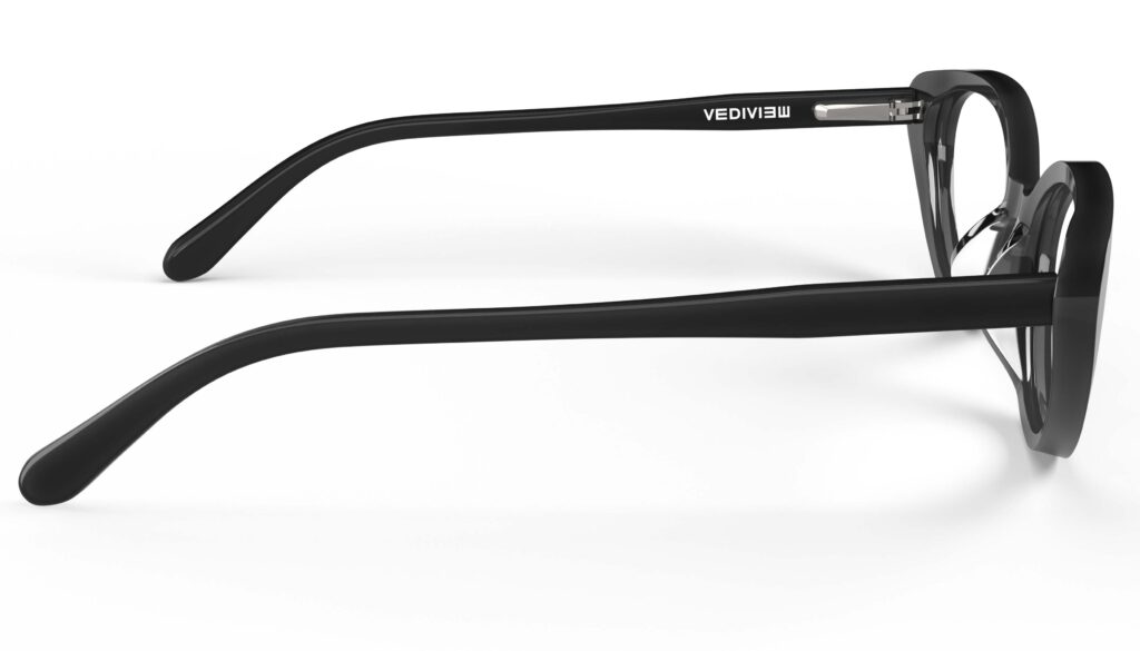Side view of Murasaki black cat-eye eyeglasses from Vediview