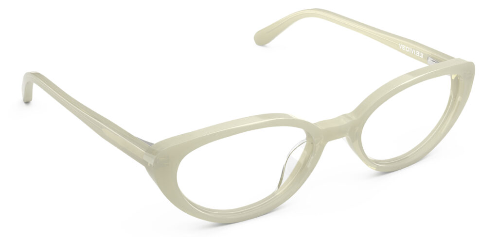 Angled view of Murasaki cream cat-eye eyeglasses from Vediview