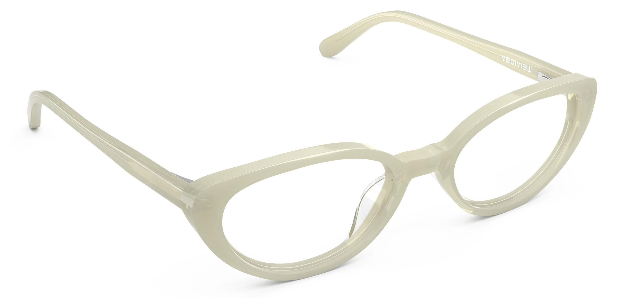 Angled view of Murasaki cream cat-eye eyeglasses from Vediview
