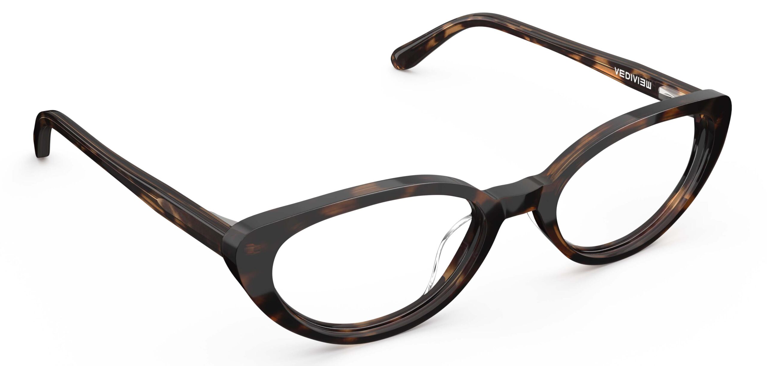 Angled view of Murasaki tortoise cat-eye eyeglasses from Vediview