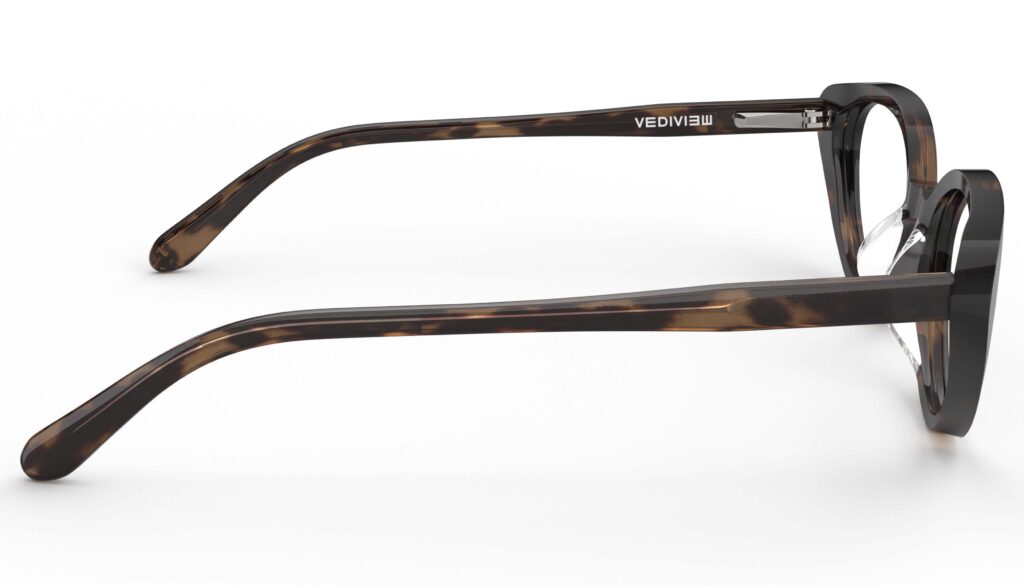 Side view of Murasaki tortoise cat-eye eyeglasses from Vediview