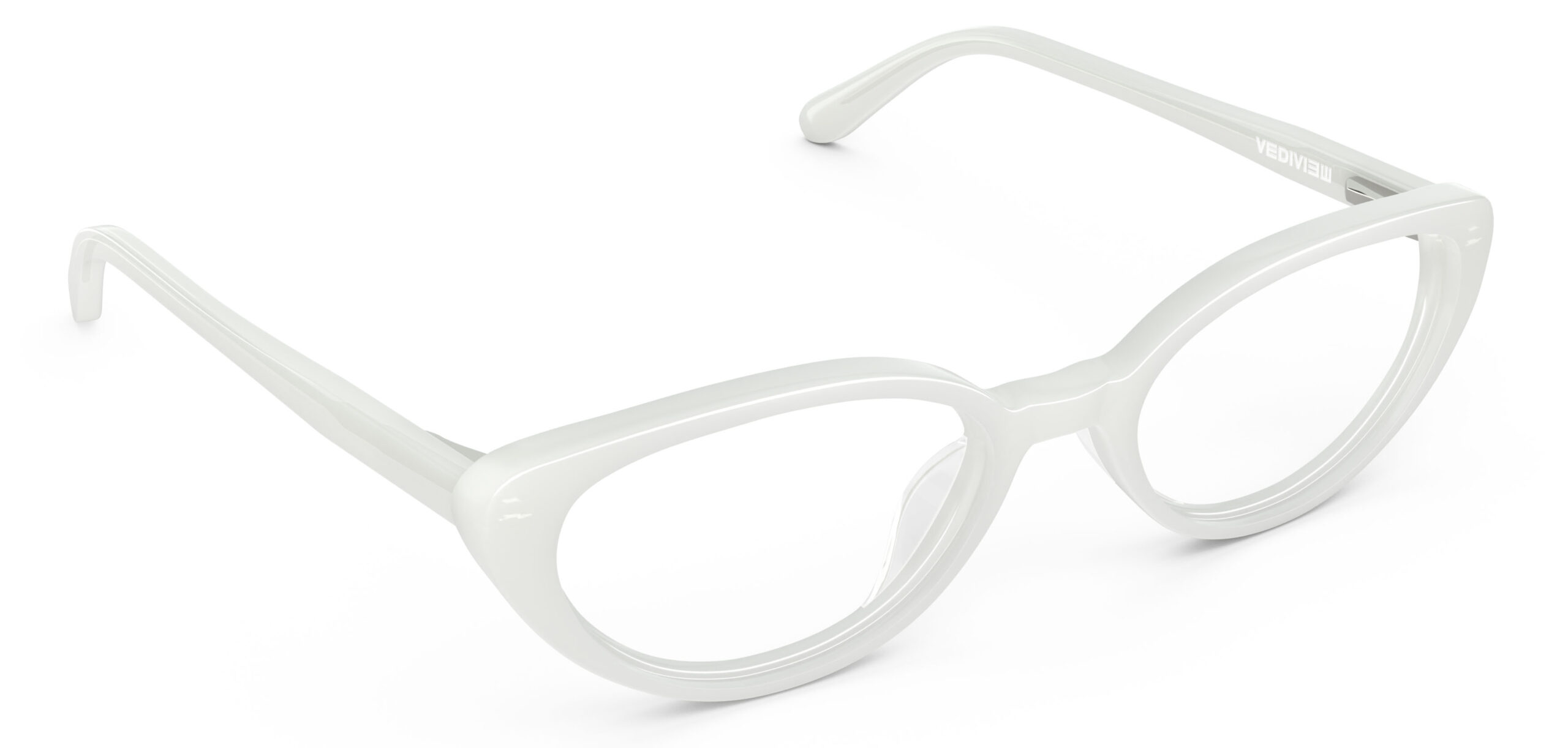 Angled view of Murasaki white cat-eye eyeglasses from Vediview