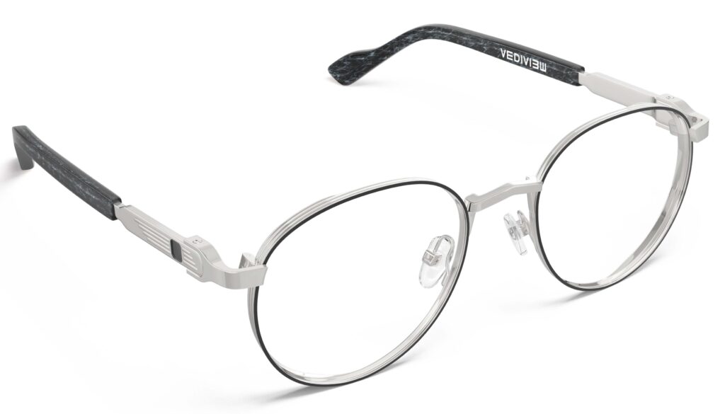 Vediview Morse silver-blue marble round eyeglasses angled view