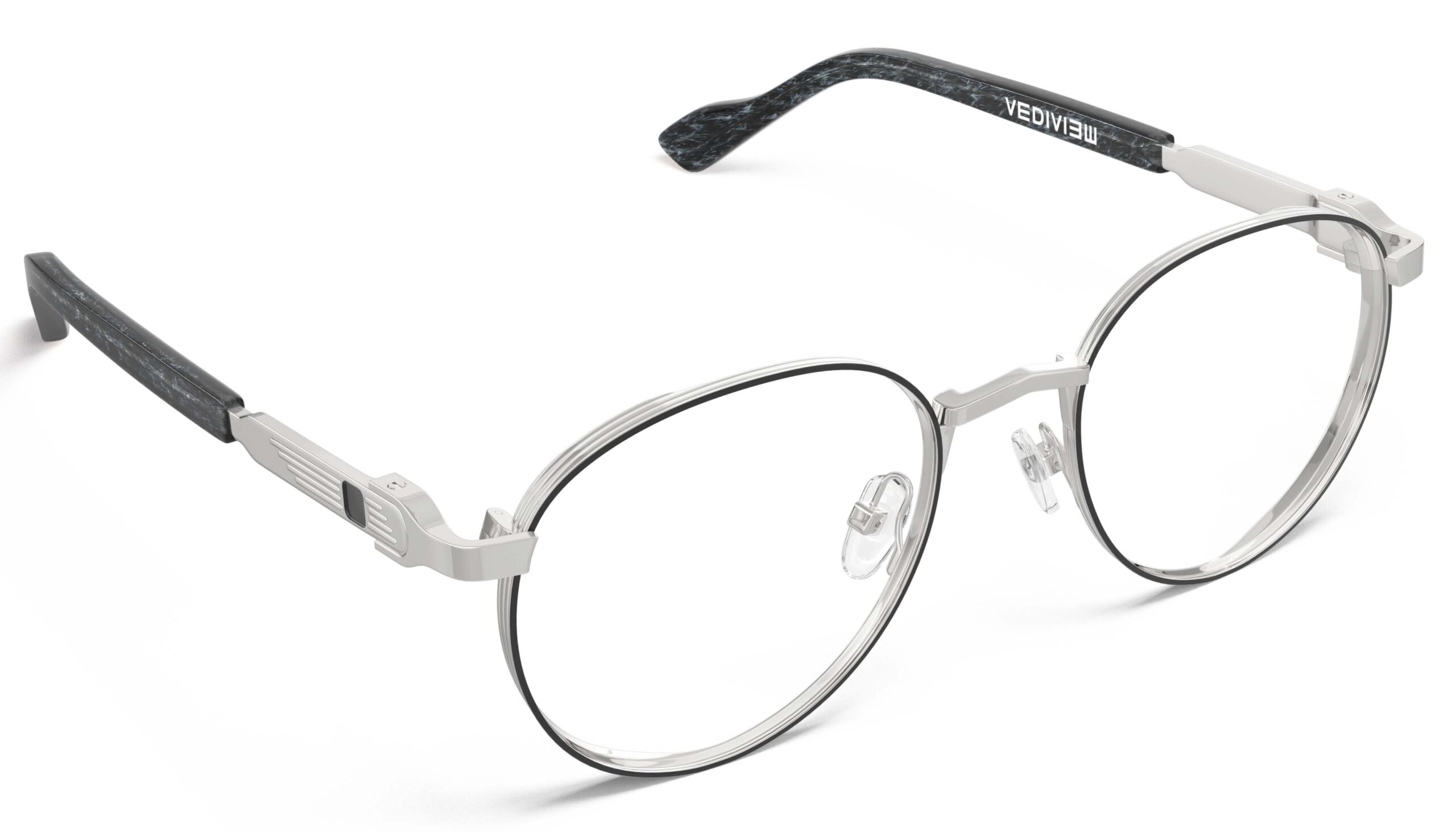 Vediview Morse silver-blue marble round eyeglasses angled view