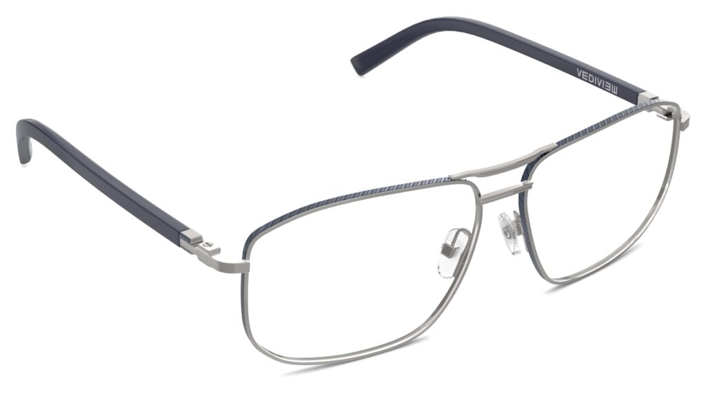 Angled view of Wharton silver-dark blue aviator eyeglasses from Vediview