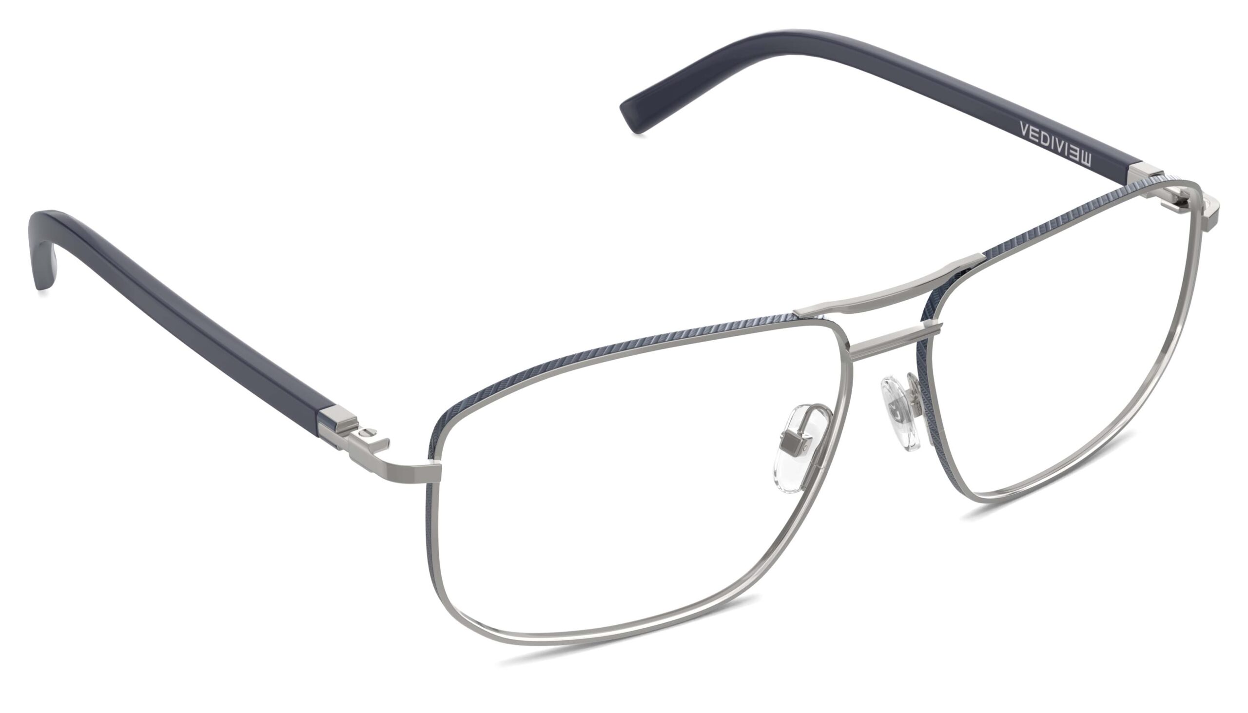 Angled view of Wharton silver-dark blue aviator eyeglasses from Vediview