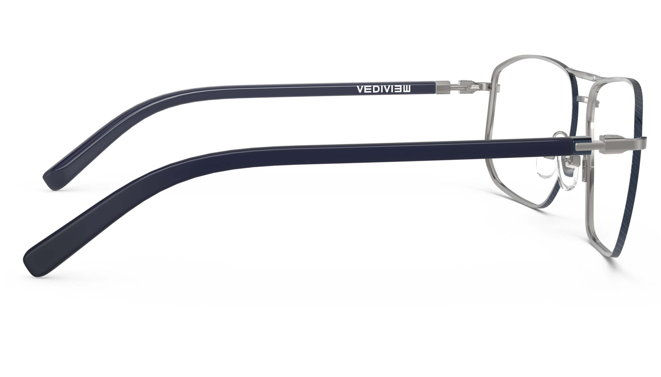 Side view of Wharton silver-dark blue aviator eyeglasses from Vediview