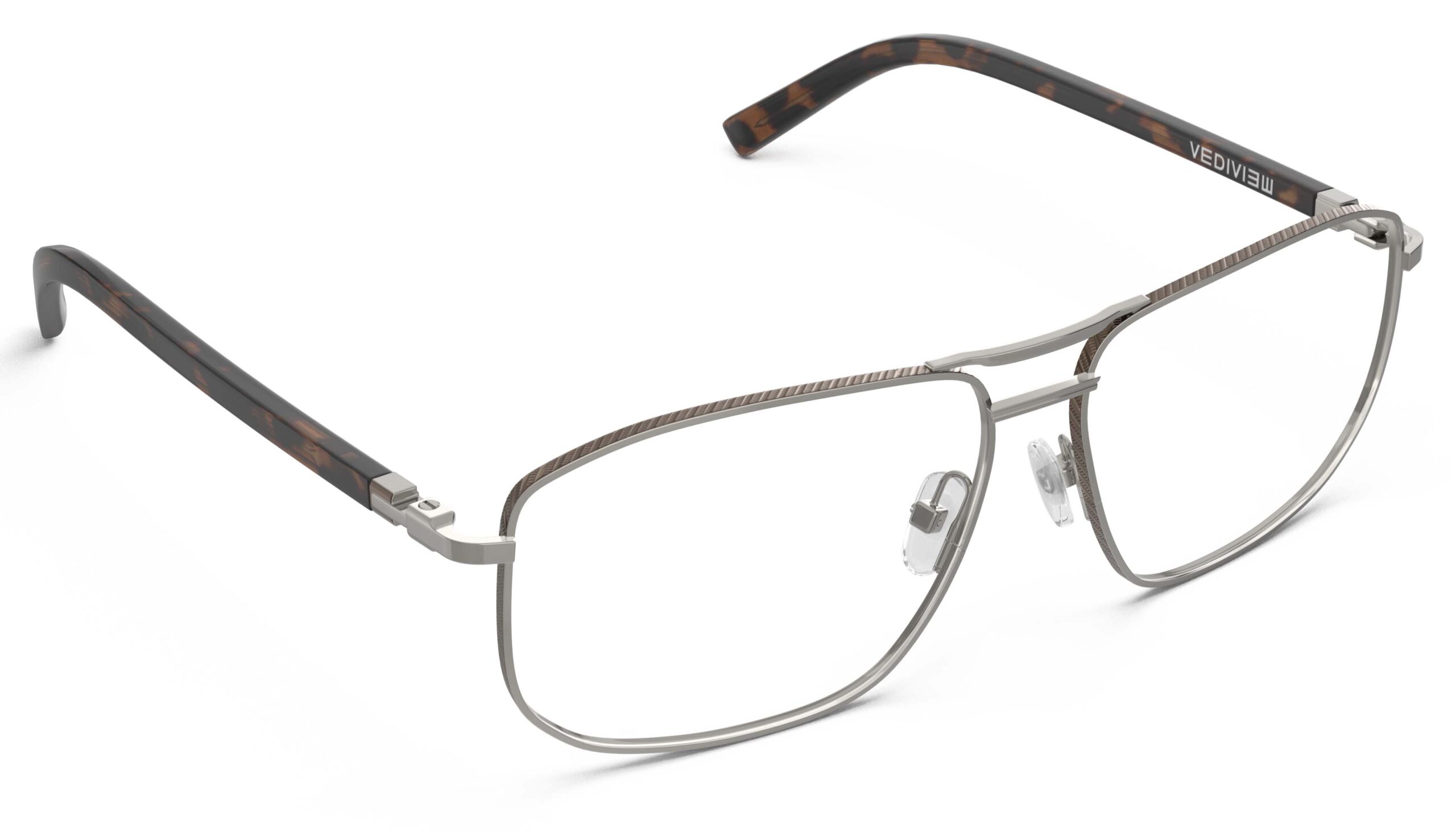 Angled view of Wharton silver-tortoise aviator eyeglasses from Vediview