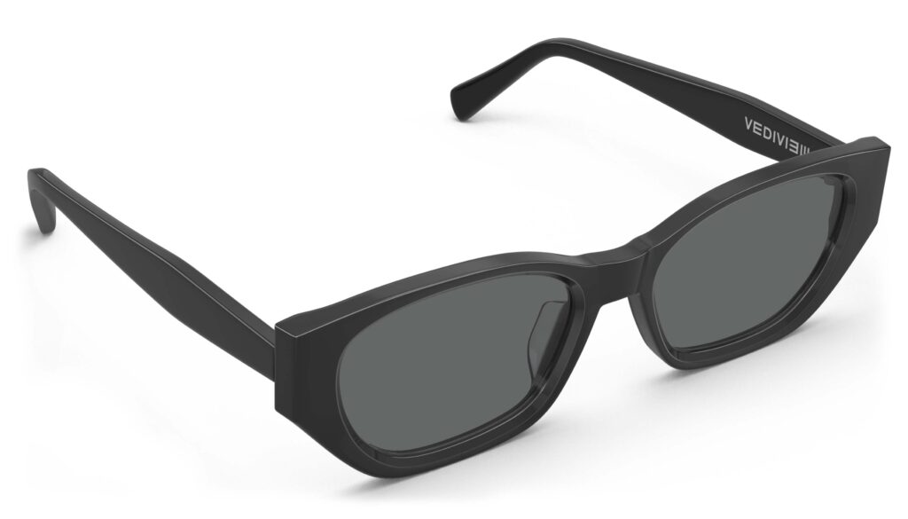 Angled view of Achebe black Geometric sunglasses with grey polarized lenses from Vediview