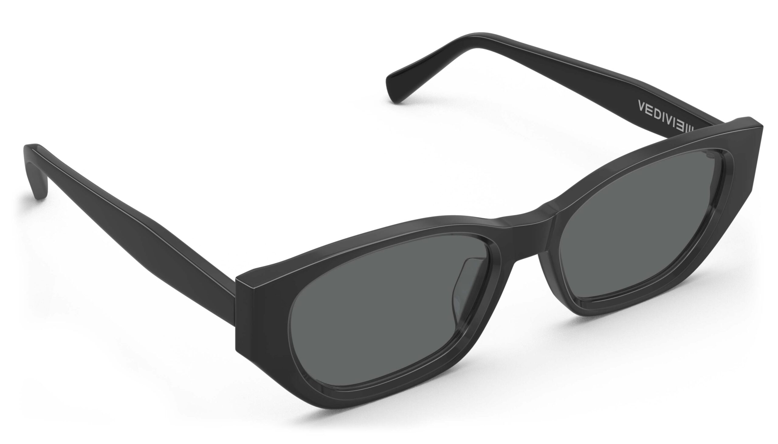 Angled view of Achebe black Geometric sunglasses with grey polarized lenses from Vediview