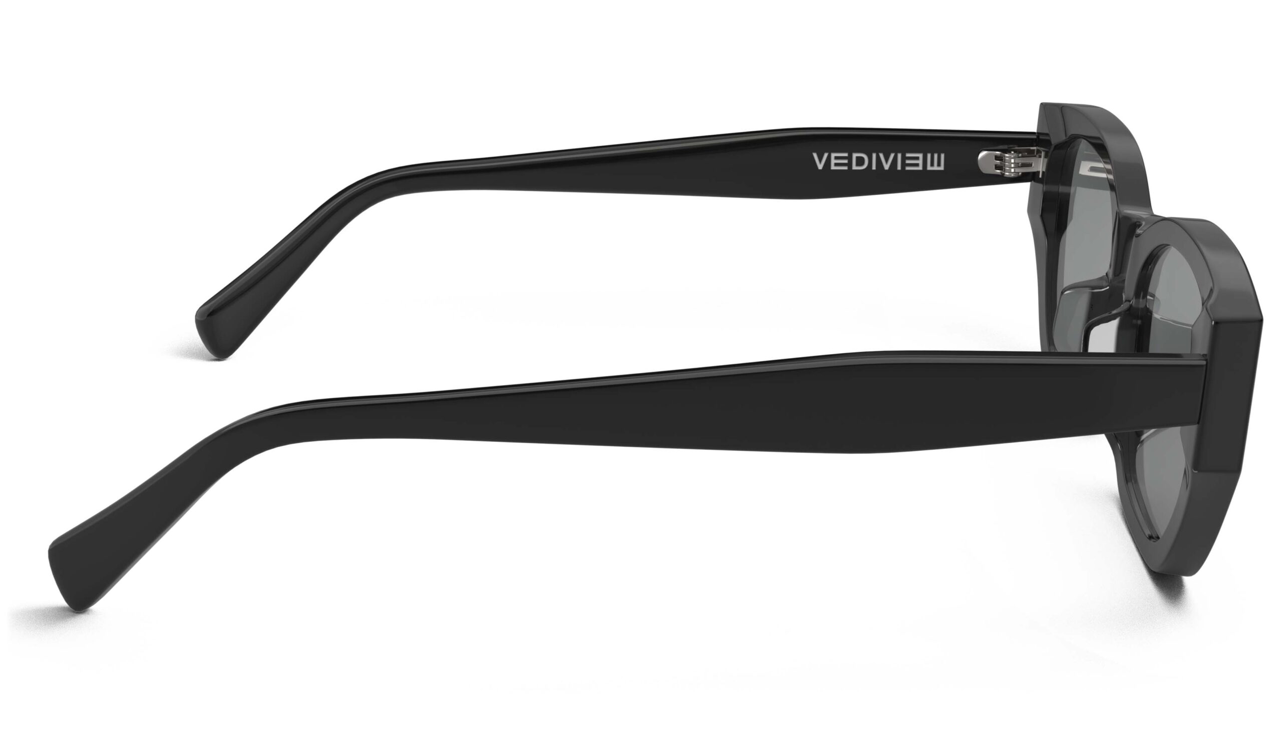 Side view of Achebe black Geometric sunglasses with grey polarized lenses from Vediview