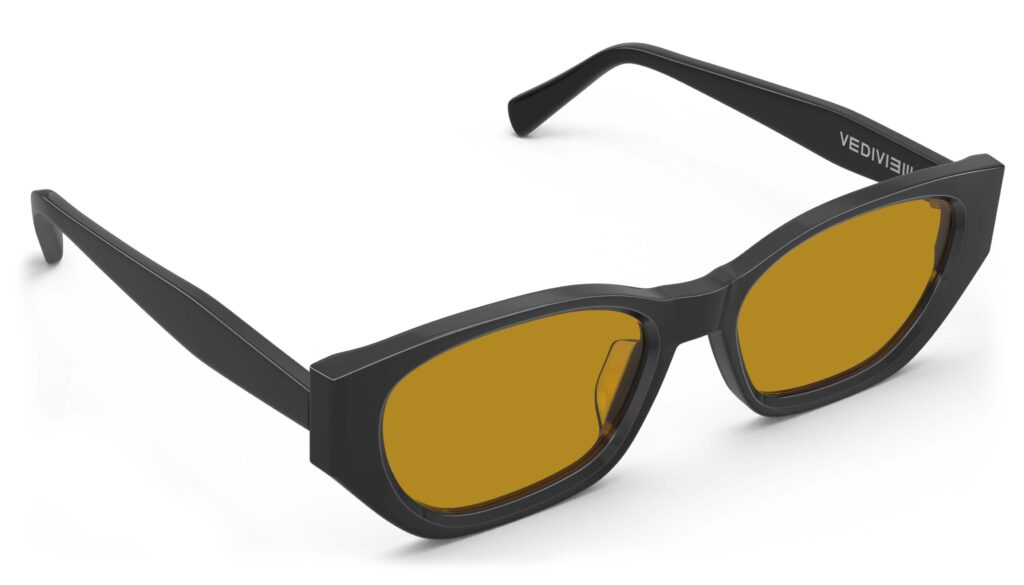 Angled view of Achebe black Geometric sunglasses with orange polarized lenses from Vediview