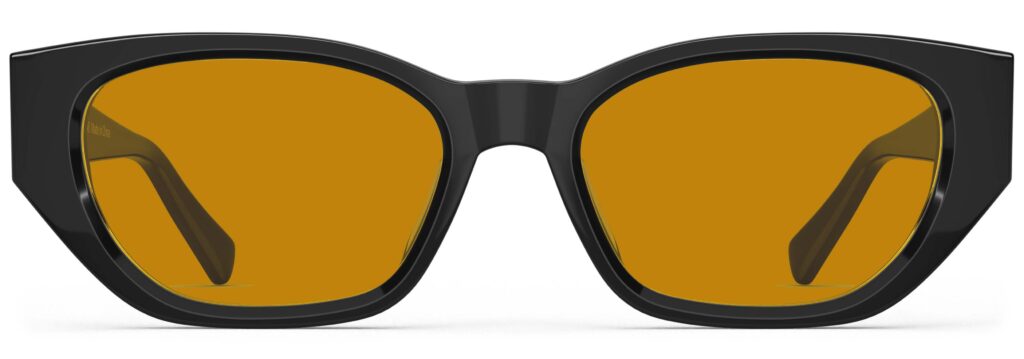 Front view of Achebe black Geometric sunglasses with orange polarized lenses from Vediview