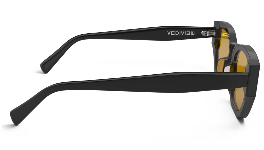 Side view of Achebe black Geometric sunglasses with orange polarized lenses from Vediview