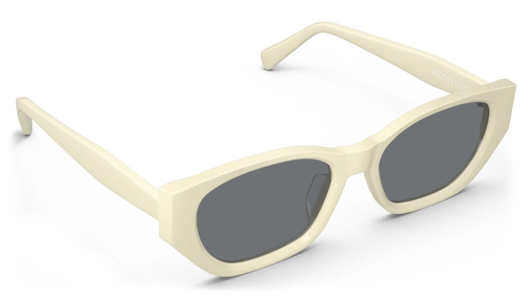 Angled view of Achebe cream Geometric sunglasses with grey polarized lenses from Vediview