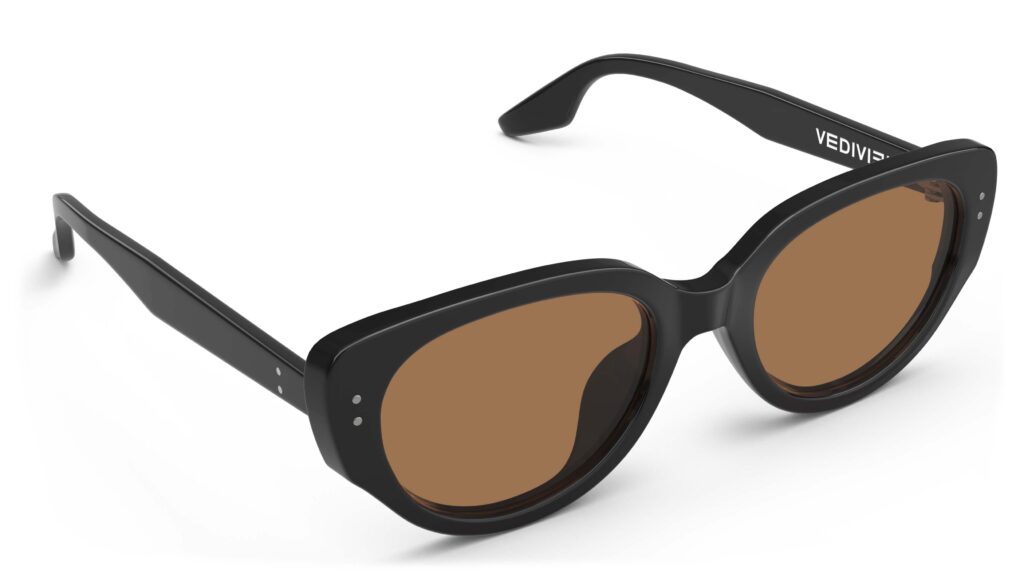 Angled view of Brancusi black cat-eye sunglasses with brown polarized lenses from Vediview