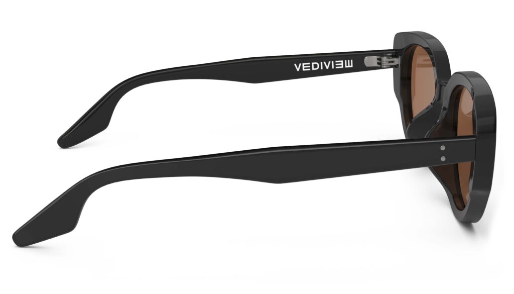 Side view of Brancusi black cat-eye sunglasses with brown polarized lenses from Vediview