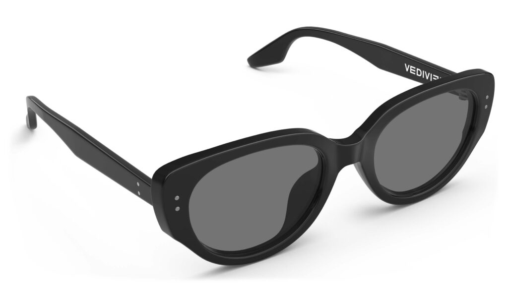 Angled view of Brancusi black cat-eye sunglasses with grey polarized lenses from Vediview